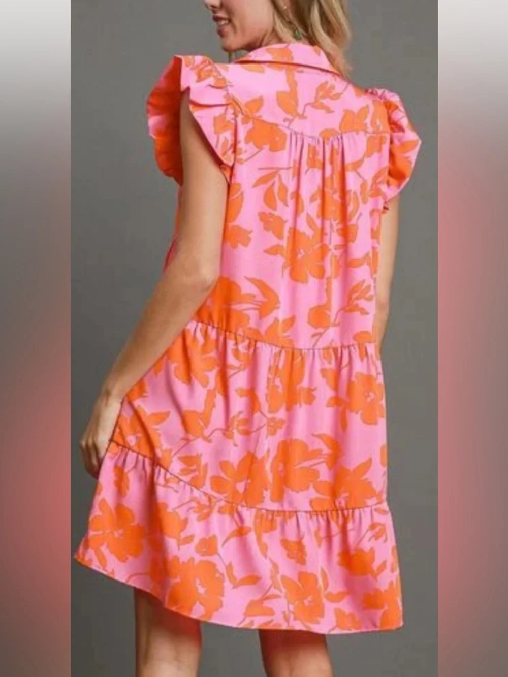 Umgee Pink Floral Tiered Mini Dress with Orange Print - Picture 2 of 8